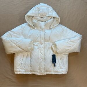 Sebby Puffer Jacket Womens Sz L White Detachable Hood Adjustable Waist Zip/Snap‎